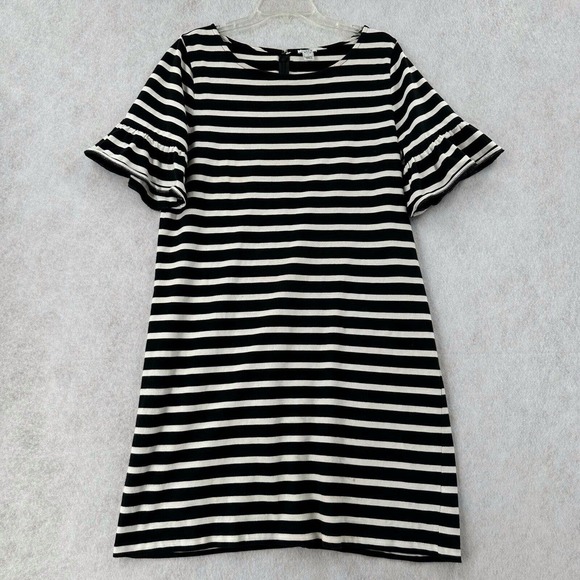 J Crew Shift Dress Womens LG‎ Ruffle Short Sleeve Black White Striped Cotton - Picture 1 of 10